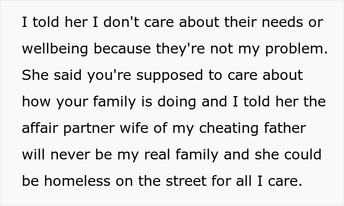 Text on image about a dad refusing to accept his cheating father's partner as family despite concerns for wellbeing. Text on image about a dad refusing to accept his cheating father's partner as family despite concerns for wellbeing.