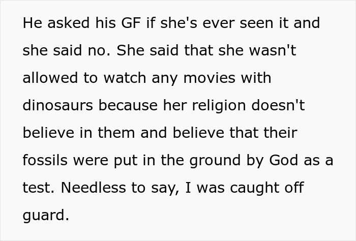 Text excerpt discussing a woman who doesn't believe in dinosaurs and reacts to Jurassic Park being watched. Text excerpt discussing a woman who doesn't believe in dinosaurs and reacts to Jurassic Park being watched.
