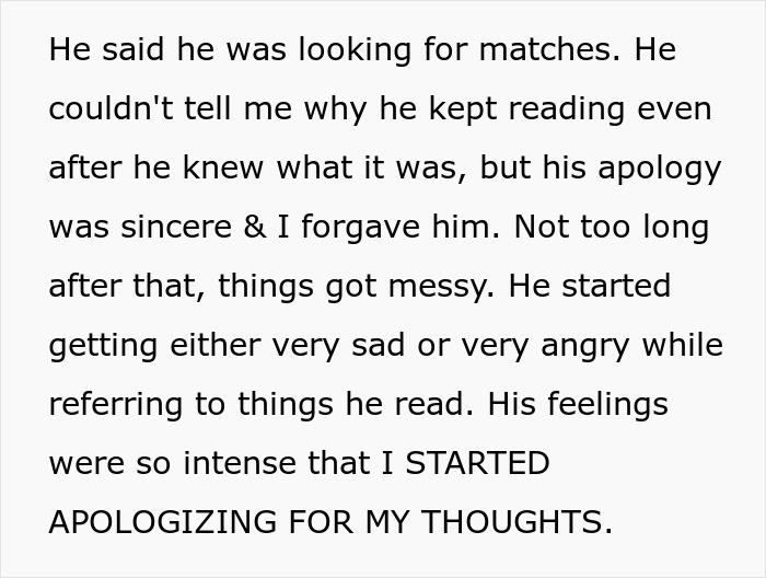 Text passage describing a man reading his wife's diary behind her back and reacting with intense emotions. Text passage describing a man reading his wife's diary behind her back and reacting with intense emotions.