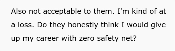 Text showing a woman expressing frustration about in-laws demanding she quit her job with no safety net. Text showing a woman expressing frustration about in-laws demanding she quit her job with no safety net.