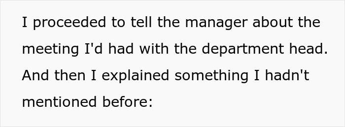 Text excerpt showing a conversation where an employee tells the manager about a meeting and explains new information.