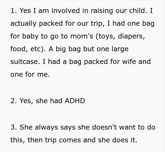 Text about wife’s weird quirk making traveling difficult leading to divorce, mentioning ADHD and trip packing challenges. Text about wife’s weird quirk making traveling difficult leading to divorce, mentioning ADHD and trip packing challenges.
