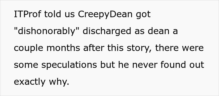 Text excerpt discussing a creepy professor involved with IT and young women in his class, leading to his fuming reaction. Text excerpt discussing a creepy professor involved with IT and young women in his class, leading to his fuming reaction.