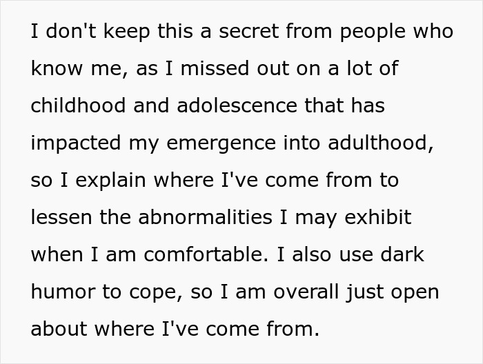 Text excerpt about a woman discussing her traumatic childhood and coping through dark humor and openness. Text excerpt about a woman discussing her traumatic childhood and coping through dark humor and openness.