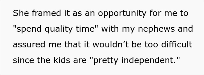 Text showing a quote about spending quality time babysitting nephews who are described as pretty independent, related to childfree sis babysitting 3 kids. Text showing a quote about spending quality time babysitting nephews who are described as pretty independent, related to childfree sis babysitting 3 kids.