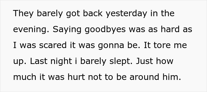 ALT text: Emotional text about family drama and bio dad refusing to babysit causing pain and difficult goodbyes.