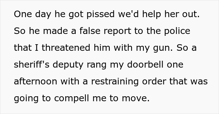 Text excerpt discussing a false report to police and a restraining order related to helping a domestic violence victim escape. Text excerpt discussing a false report to police and a restraining order related to helping a domestic violence victim escape.