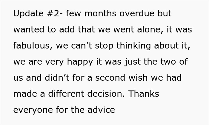 Text update about a couple’s stress-free trip before wedding, reflecting on choosing to travel alone without moms. Text update about a couple’s stress-free trip before wedding, reflecting on choosing to travel alone without moms.