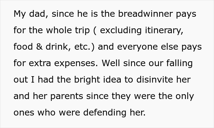 Text excerpt discussing family trip expenses and a gold-digger holiday friend drama involving disinviting guests. Text excerpt discussing family trip expenses and a gold-digger holiday friend drama involving disinviting guests.