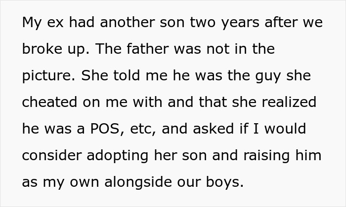 Text about woman who cheated on partner, asking him to care for her children with other men after breakup. Text about woman who cheated on partner, asking him to care for her children with other men after breakup.