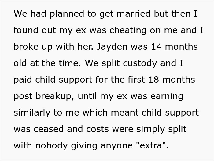 Text from a man explaining split custody and child support after his ex cheated while raising children with other men. Text from a man explaining split custody and child support after his ex cheated while raising children with other men.