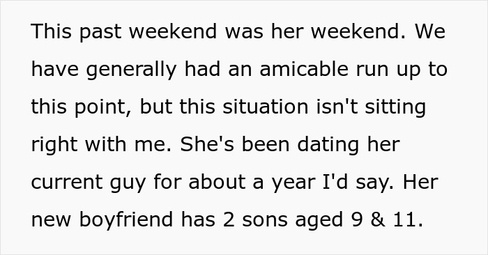 Text excerpt discussing an 8-year-old spending time at mom’s boyfriend’s house while dad is concerned about family presence. Text excerpt discussing an 8-year-old spending time at mom’s boyfriend’s house while dad is concerned about family presence.