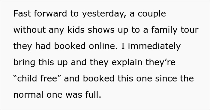 Text excerpt describing a childfree couple turned away from a family tour, sparking tour company bad reviews.