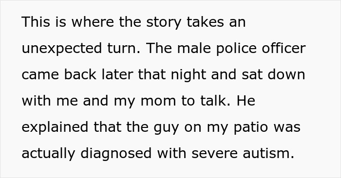 Text excerpt describing a man on a patio diagnosed with severe autism, shared in a serious conversation. Text excerpt describing a man on a patio diagnosed with severe autism, shared in a serious conversation.