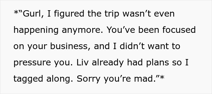Text message conversation about trip cancellation and feeling mad, highlighting relationship tension and influencer party expectations. Text message conversation about trip cancellation and feeling mad, highlighting relationship tension and influencer party expectations.
