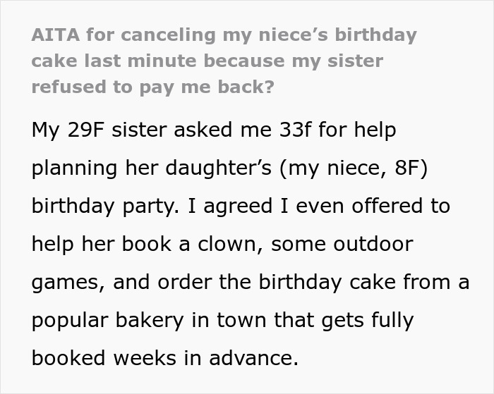 Sister and aunt dispute over who should pay for birthday cake, party drama after cake order canceled last minute Sister and aunt dispute over who should pay for birthday cake, party drama after cake order canceled last minute