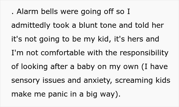 Text excerpt describing anxiety and responsibility concerns about babysitting for a woman choosing to be a single mom. Text excerpt describing anxiety and responsibility concerns about babysitting for a woman choosing to be a single mom.
