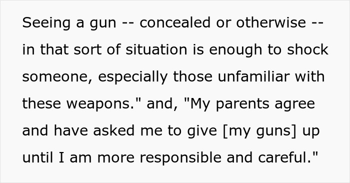 Text discussing shock from seeing a gun and parents asking to give up guns until more responsible and careful. Text discussing shock from seeing a gun and parents asking to give up guns until more responsible and careful.