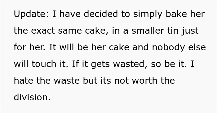 Text update explaining decision to bake wife’s birthday cake separately after hubby ate her week-old treat. Text update explaining decision to bake wife’s birthday cake separately after hubby ate her week-old treat.