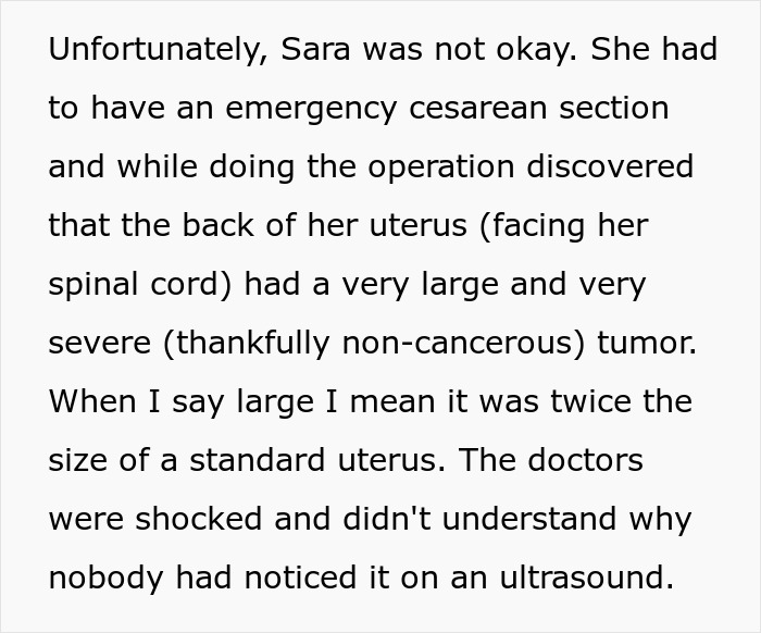 Text describing a medical emergency cesarean section and discovery of a large non-cancerous tumor during the operation. Text describing a medical emergency cesarean section and discovery of a large non-cancerous tumor during the operation.
