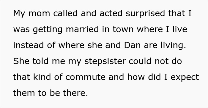 Text message about family drama over wedding location involving a guy, disabled stepsister, and refusal to relocate event. Text message about family drama over wedding location involving a guy, disabled stepsister, and refusal to relocate event.
