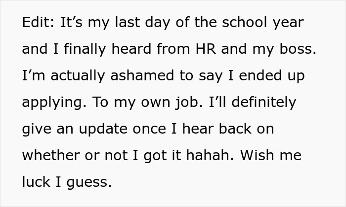 Text post about reapplying for the same position at work and waiting for an update from HR and the boss. Text post about reapplying for the same position at work and waiting for an update from HR and the boss.