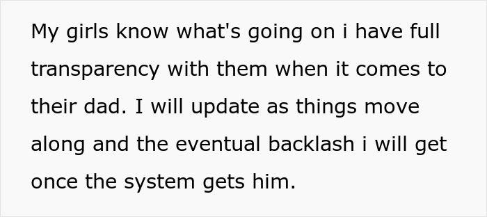 Text featuring a man explaining transparency with his daughters about their deadbeat dad and legal consequences ahead. Text featuring a man explaining transparency with his daughters about their deadbeat dad and legal consequences ahead.