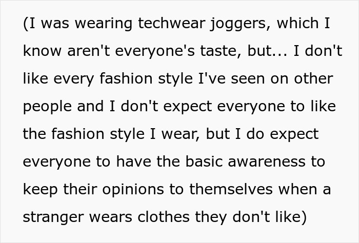 Text expressing frustration about a boomer complaining about stranger’s pants and the surprising response received. Text expressing frustration about a boomer complaining about stranger’s pants and the surprising response received.