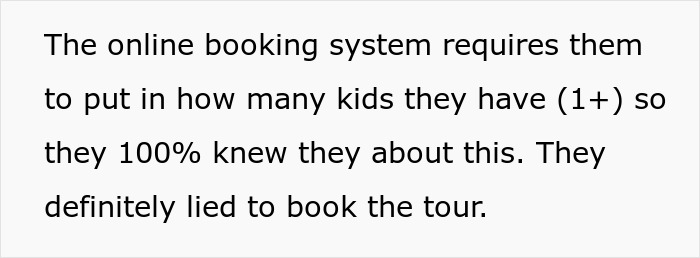 Text discussing the online booking system requiring number of kids and claim of lying to book family tour.