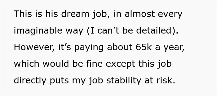 Text excerpt explaining asking husband to turn down dream job due to career and job stability concerns. Text excerpt explaining asking husband to turn down dream job due to career and job stability concerns.