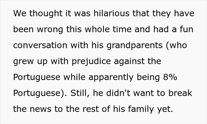 Text about a family discussing genetic heritage with inlaws, accidentally revealing unexpected ancestry information. Text about a family discussing genetic heritage with inlaws, accidentally revealing unexpected ancestry information.