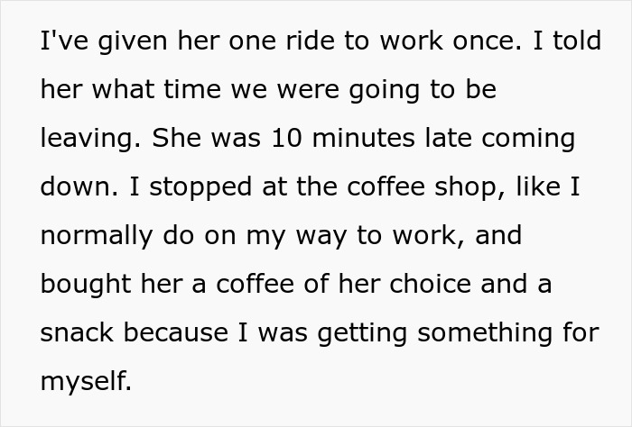 Text excerpt about a woman giving her coworker a ride and buying coffee, highlighting demands with no notice or tact.
