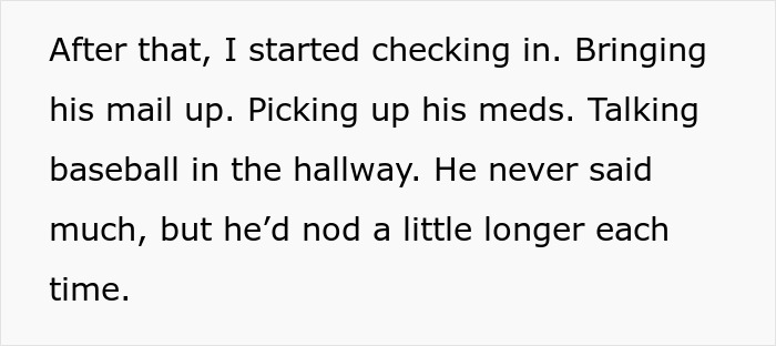 Text on a white background describing a neighbor checking in regularly and helping with mail and meds as the quiet retiree nods in acknowledgment.