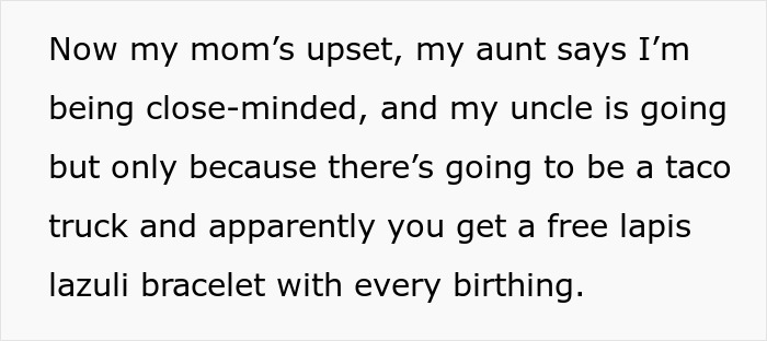 Text about family reactions as guy skips sister’s rebirth party, citing discomfort with watching the event. Text about family reactions as guy skips sister’s rebirth party, citing discomfort with watching the event.