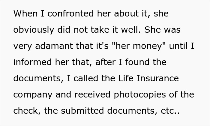 Text describing a confrontation about embezzling a $160K inheritance and subsequent gaslighting after exposure. Text describing a confrontation about embezzling a $160K inheritance and subsequent gaslighting after exposure.