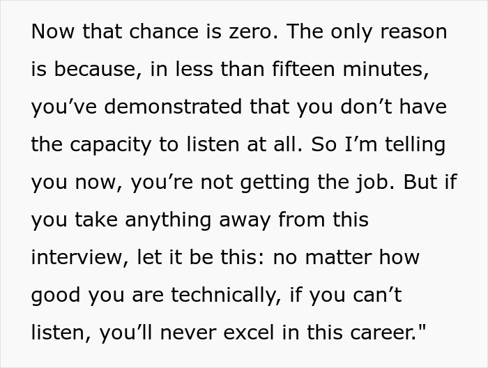 Text about a job interview where the candidate loses a 99% chance of getting hired in under 15 minutes. Text about a job interview where the candidate loses a 99% chance of getting hired in under 15 minutes.
