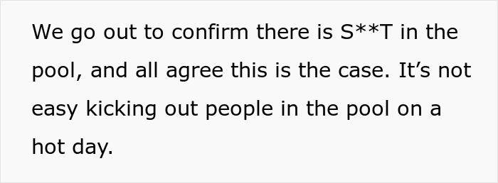 Text excerpt describing confirmation of poop found in a hotel pool, highlighting difficulty removing people on a hot day.