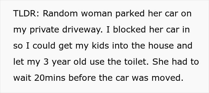 Summary text describing a lady keeping parking in a couple’s private space and getting aggressive when blocked in. Summary text describing a lady keeping parking in a couple’s private space and getting aggressive when blocked in.