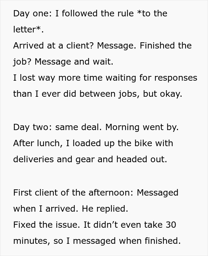 Text conversation describing a guy’s experience messaging after every client and waiting for responses from his boss.
