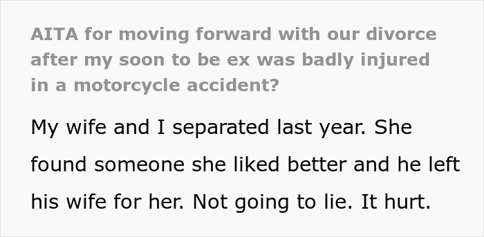 Text excerpt about wife leaving for affair partner, lover involved in crash, and divorce delay request after injury. Text excerpt about wife leaving for affair partner, lover involved in crash, and divorce delay request after injury.