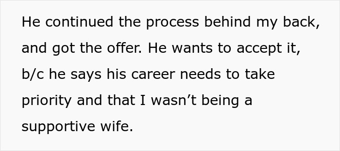 Text excerpt about a husband turning down dream job career offer and concerns about support and priority. Text excerpt about a husband turning down dream job career offer and concerns about support and priority.