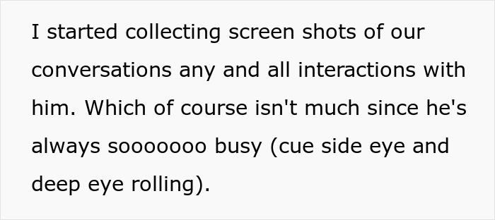 Text on a white background about collecting screenshots of conversations with a deadbeat dad who is always too busy to help. Text on a white background about collecting screenshots of conversations with a deadbeat dad who is always too busy to help.