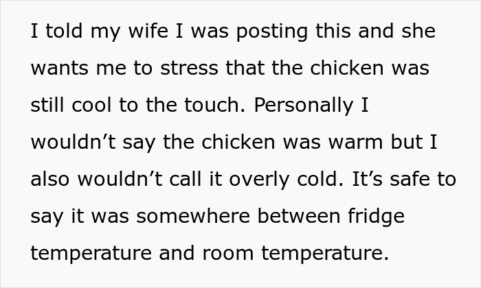 Text describing a husband declaring raw chicken left in trunk a biohazard and refusing to eat dinner. Text describing a husband declaring raw chicken left in trunk a biohazard and refusing to eat dinner.