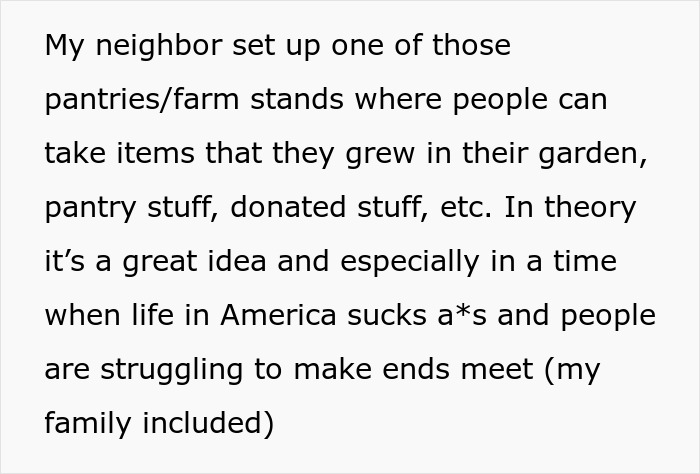 Text excerpt about a neighbor’s farm stand and issues with people stealing from it, causing frustration. Text excerpt about a neighbor’s farm stand and issues with people stealing from it, causing frustration.