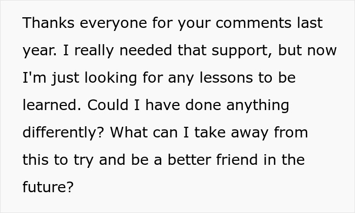 Text expressing gratitude for past support and seeking lessons to avoid best friend sabotage in relationships with a boyfriend.
