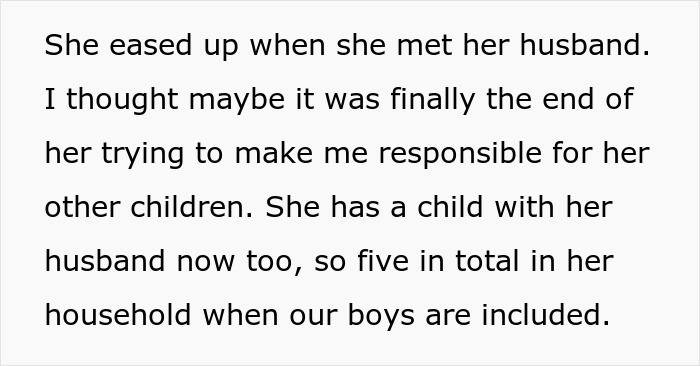 Text excerpt about woman wanting partner to care for her children with other men after she met her husband. Text excerpt about woman wanting partner to care for her children with other men after she met her husband.