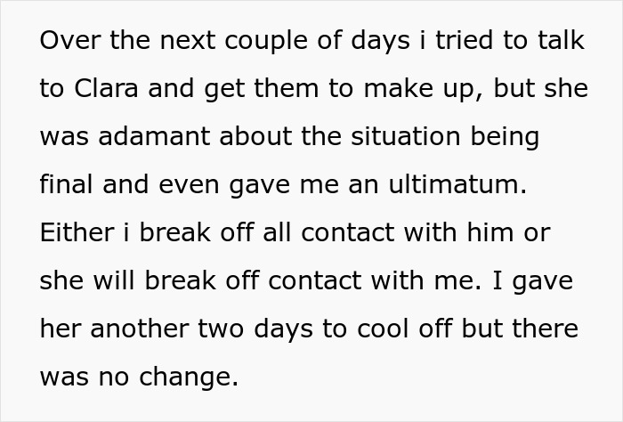 Text describing a woman dealing with a petty conflict, begging a friend to cut off a guy in her life.