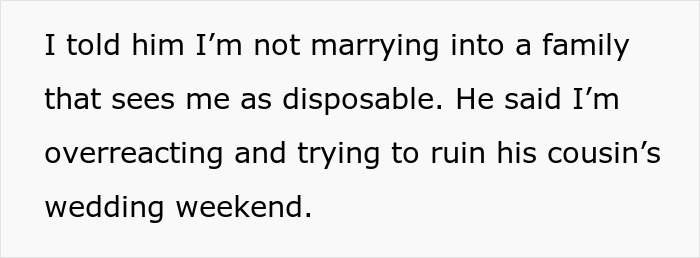 Text image showing a woman refusing to marry into a family that views her as disposable amid wedding conflict. Text image showing a woman refusing to marry into a family that views her as disposable amid wedding conflict.