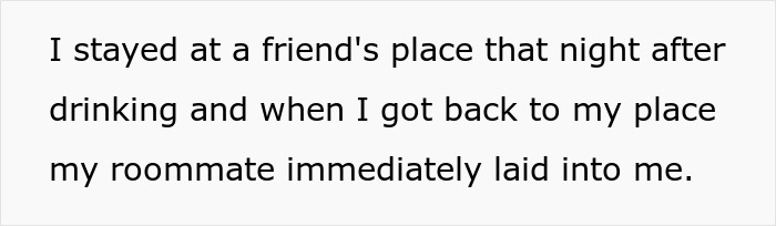 Text on screen showing a message about a roommate confrontation after drinking, related to disbelief in dinosaurs. Text on screen showing a message about a roommate confrontation after drinking, related to disbelief in dinosaurs.