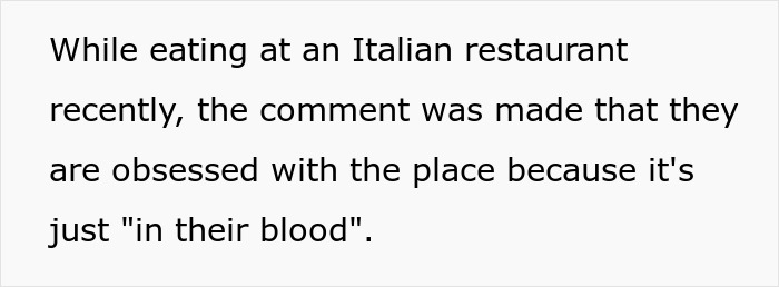 Text excerpt discussing a comment about obsession being linked to genetic heritage during inlaws day conversation. Text excerpt discussing a comment about obsession being linked to genetic heritage during inlaws day conversation.